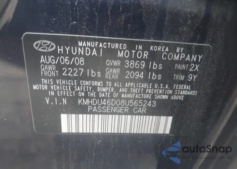 2008 Hyundai Elantra Gls/Se z USA, uszkodzony, nr VIN KMHDU46D08U565243